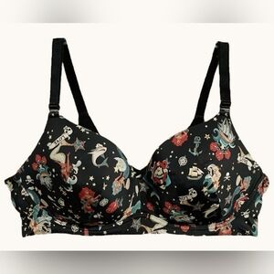 Torrid Mermaid Pirate Tattoo 360 Back Smoothing Wire Free Push Up Plunge Bra 46C